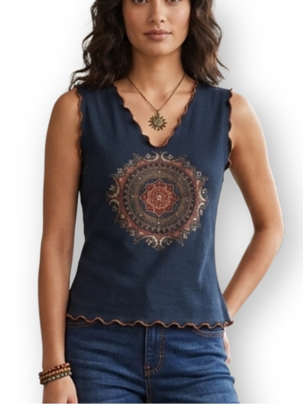 Fashion Bug XL Vintage Boho Mandala Sleeveless Lettuce Edge Hem Denim Blue Shirt